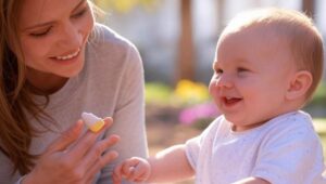 parent gently applying a natural repellent to a smiling baby in a sunny backyard